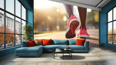 Young fit sporty healthy active black African woman runner running jogging in sneakers in city park Wall mural