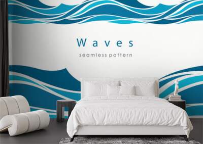 Marine seamless pattern with stylized waves on a light backgroun Wall mural