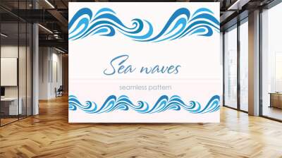 Marine seamless pattern with stylized waves on a light backgroun Wall mural