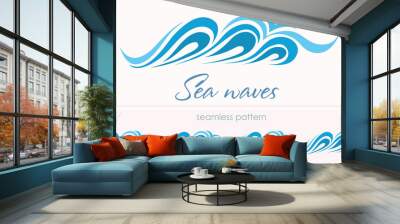 Marine seamless pattern with stylized waves on a light backgroun Wall mural