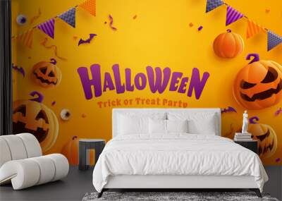 Halloween Party. Group of 3D illustration Jack O Lantern pumpkin on treat or trick fun party celebration background design. Wall mural