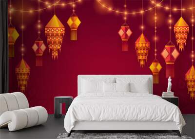 Happy Diwali. Group of paper graphic Indian lantern on Indian festive theme big banner background. The Festival of Lights. Wall mural