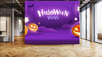 Happy Halloween. Group of 3D illustration glowing pumpkin on treat or trick fantasy fun party celebration purple background design. Wall mural