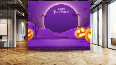 Happy Halloween. Halloween fantasy purple theme paper graphic cloud scene with group of 3D illustration glowing pumpkin on studio table. Wall mural