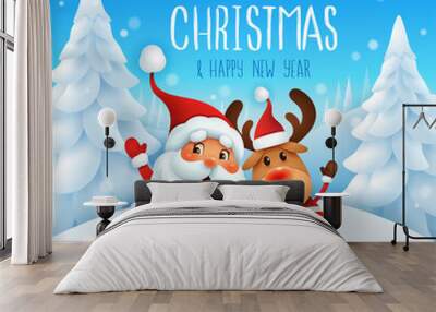 Merry Christmas! Santa Claus and Reindeer arm over shoulder. Vector illustration of Christmas character on snow scene. Wall mural