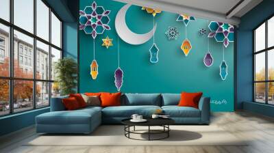 Paper graphic of Islamic decoration. Geometry art, Crescent moon and Arabic lantern. Ramadan Kareem - Glorious month of Muslim year. Wall mural