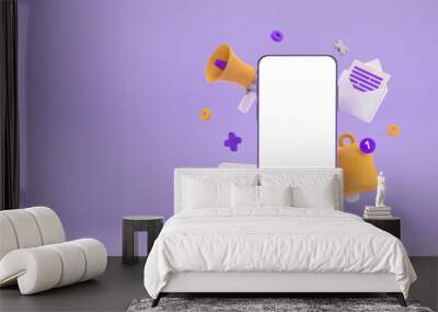 Smartphone Trend Social Media Platform, online social communication applications concept, message, notification and chat bubble floating with smartphone on bright violet background. 3d rendering Wall mural