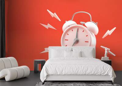 White vintage ringing alarm clock on bright red background. Modern design, 3d rendering. Wall mural