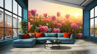 A beautiful stretch of Tulip flowers in bloom with a sunset view in the background. generative AI Wall mural