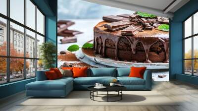 A delicious chocolate cake with mint garnish. The cake is drizzled with chocolate and has chocolate shavings on top. Wall mural