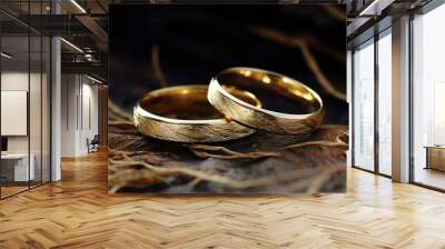 A pair of luxurious and shiny engraved gold rings in the photo on a black background. generative AI Wall mural