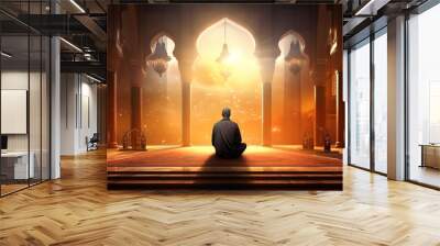 A person is praying in a mosque with a beam of light from outside. generative AI Wall mural