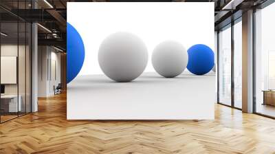 A row of white spheres with a blue sphere at the beginning and another blue sphere at the center. This could represent the concept of a leader or a difference maker. Wall mural