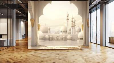 A view of the cream-colored mosque in the photo from a place with pillars beside it Wall mural