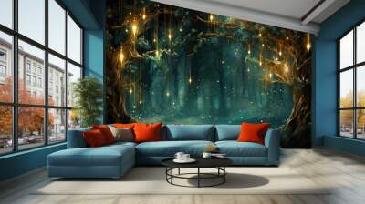 An illustration of trees at night with twinkling yellow glitter lights. Generative AI Wall mural