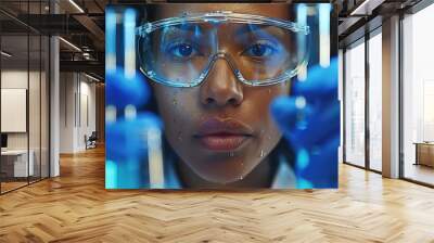 Close up portrait of a female scientist holding two test tubes with blue liquid in a laboratory. She is wearing protective goggles and blue gloves. Wall mural