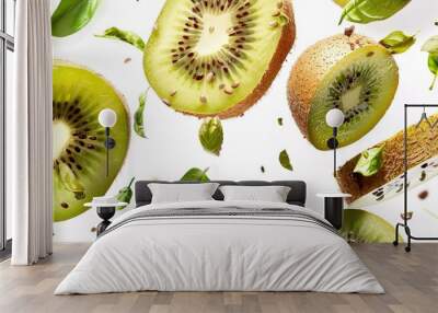 Fresh green kiwi fruit slices and leaves falling on white background. Concept of healthy food, fruit, and freshness. Wall mural