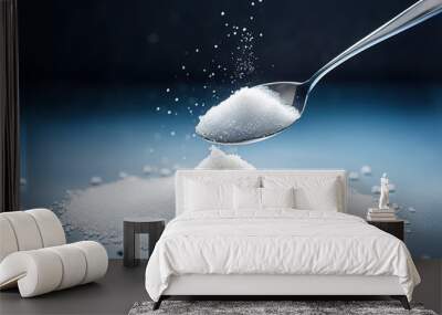 One spoonful of white sugar in the photo on a dark blue Background. generative AI Wall mural