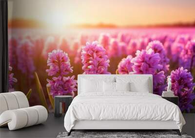 Rows of fields of purple Lavender flowers with a beautiful sunset in the background. generative AI Wall mural