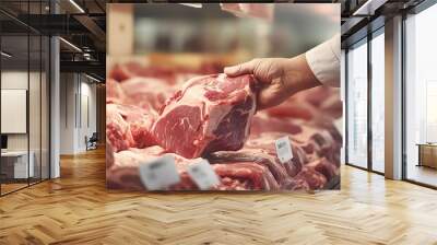 Someone who is choosing fresh raw meat, which can be cooked and grilled. generative AI Wall mural