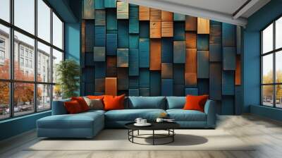 The background is a square wooden mosaic pattern arranged in a 3D style Wall mural