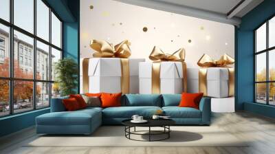 Three box-shaped gifts decorated with gold ribbons are pictured in front of a gray background. generative AI Wall mural