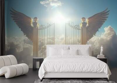 Two angels with golden wings stand at a gate leading to heaven, a bright light shines through. Concept of faith, afterlife, and spirituality. Wall mural