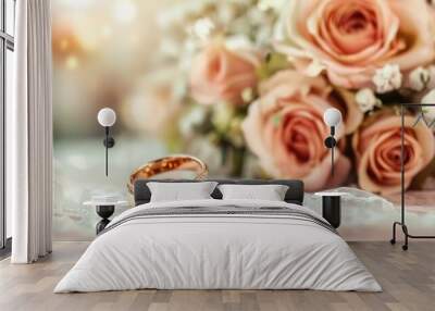 Two gold wedding bands rest on a white lace cloth, next to a bouquet of delicate peach roses. This romantic image represents love, commitment, and the joy of marriage. Wall mural