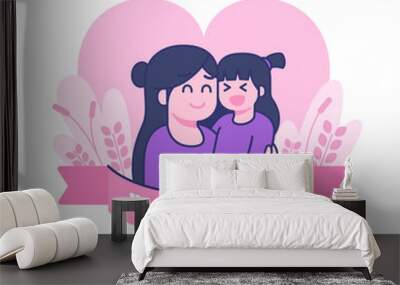 mothers day illustration cute flat design style. mother huge her kid flat illustration Wall mural