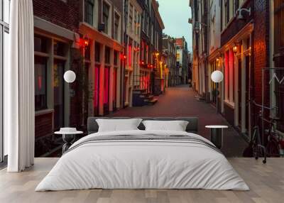 Red light district in Amsterdam, the Netherlands, night view. Windows and doors where prostitutes work Wall mural