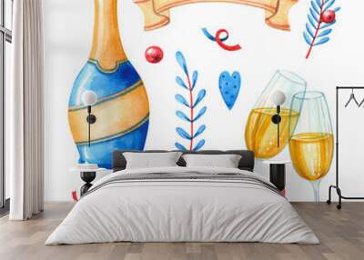 Hand drawn watercolor illustration clipart set of champagne glasses, bottle, banner and branches isolated on white. Christmas, winter holidays and celebration Wall mural