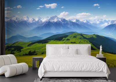 a view of a mountain range with a valley in the foreground, color field, alpine scenery, swiss alps, beautiful landscape background, generative ai Wall mural