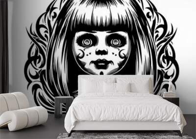 Annabelle; doll in modern tribal tattoo, abstract line art of horror character, minimalist contour. Vector Wall mural