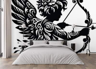 cupid in silhouete with bohemian nature pattern illustration Wall mural