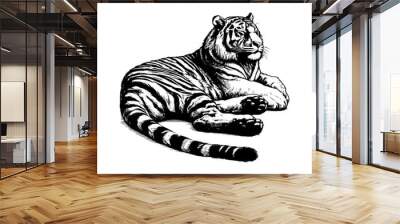 Tiger in black and white animal drawing, Wall mural