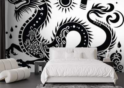 east dragon in silhouete with bohemian nature pattern illustration Wall mural