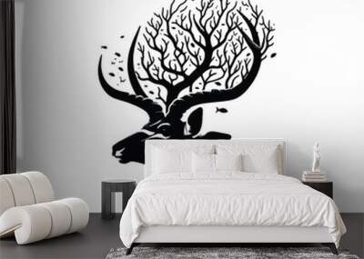 silhouette of Antelope, filled with underwater view with coral in rough drawing, Wall mural