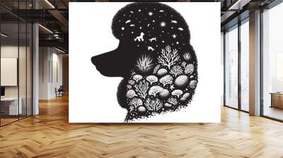 silhouette of Poodle, filled with underwater view with coral in rough drawing, Wall mural