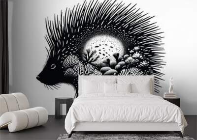 silhouette of porcupine, filled with underwater view with coral in rough drawing, Wall mural