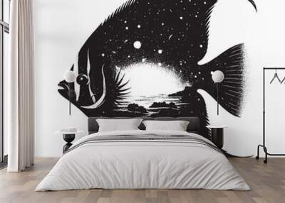 silhouette of Regal Angelfish filled with space and sci-fi element in rough drawing Wall mural