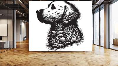 silhouette of Retriever, filled with underwater view with coral in rough drawing, Wall mural