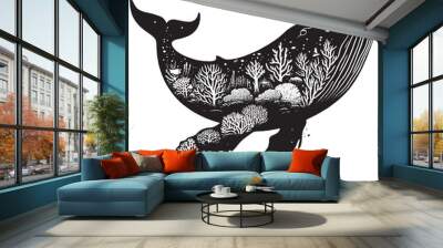 silhouette of sperm Whale filled with underwater view with coral in rough drawing Wall mural