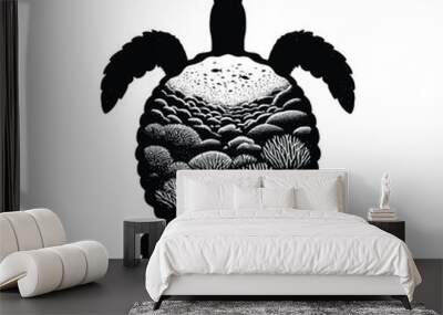 silhouette of tortoise, filled with underwater view with coral in rough drawing, animal, Wall mural