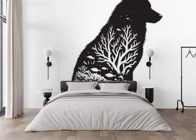 silhouette of Wolf filled with underwater view with coral in rough drawing Wall mural