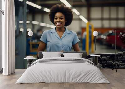 An African girl in work clothes works at an automobile factory. Wall mural