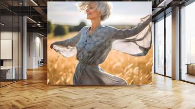 A beautiful middle aged woman dancing in the sunshine in the nature - Generative AI Wall mural