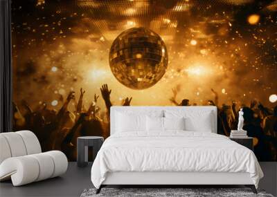 A crowd of people in a music event, dancing in gold color lights Wall mural