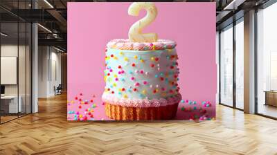 a festive delicious birthday cake with number 2 candle - two years Wall mural