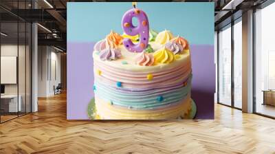 A festive delicious birthday cake with number 9 candle - Nine Years Wall mural