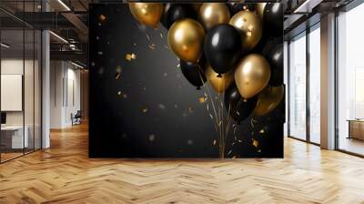 Festive black and gold balloons and confetti on a black background celebration theme Wall mural